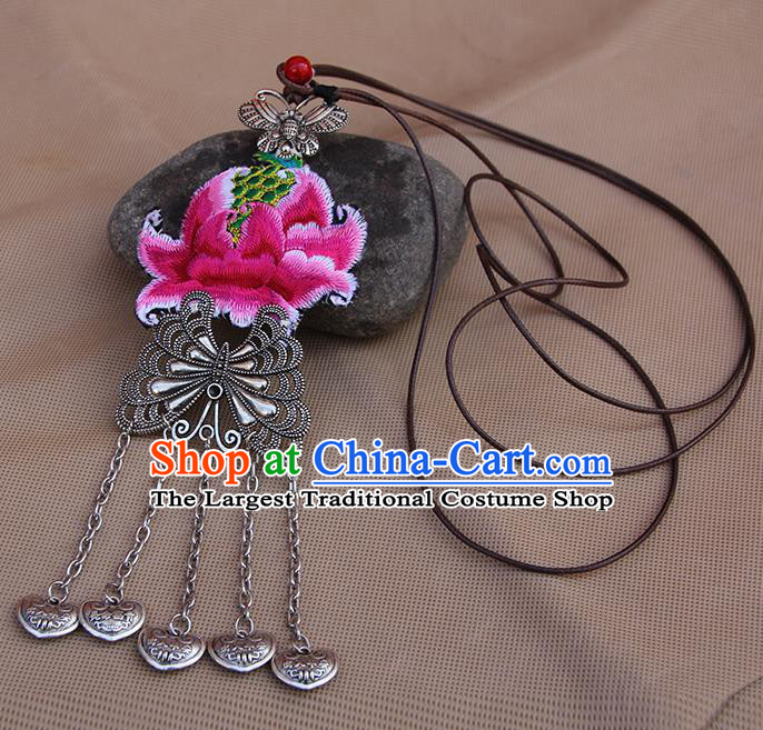 Chinese Traditional Miao Minority Embroidered Pink Lotus Necklace Ethnic Folk Dance Accessories for Women