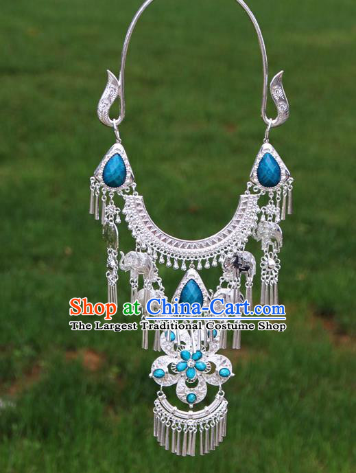 Chinese Traditional Miao Minority Blue Flowers Crystal Necklace Ethnic Accessories for Women