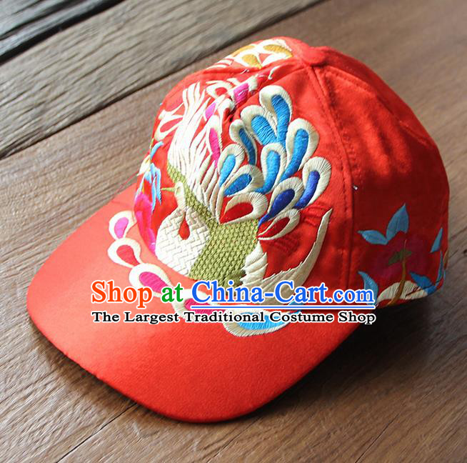 Chinese Traditional Embroidered Peacock Red Baseball Cap Yunnan Minority Hat for Women