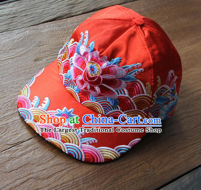 Chinese Traditional Embroidered Peony Red Baseball Cap Yunnan Minority Hat for Women