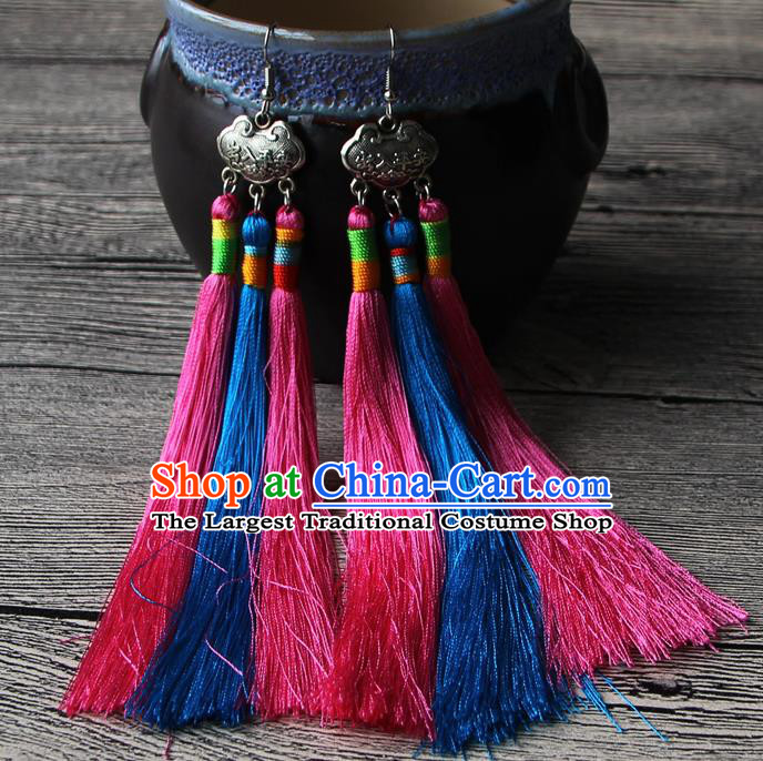 Chinese Traditional Ethnic Pink and Blue Tassel Earrings National Longevity Lock Ear Accessories for Women