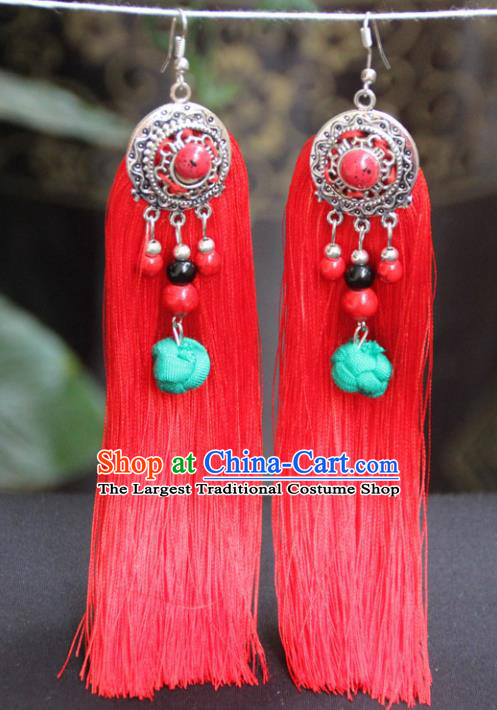 Chinese Traditional Ethnic Earrings National Red Tassel Ear Accessories for Women