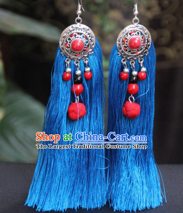 Chinese Traditional Ethnic Earrings National Blue Tassel Ear Accessories for Women