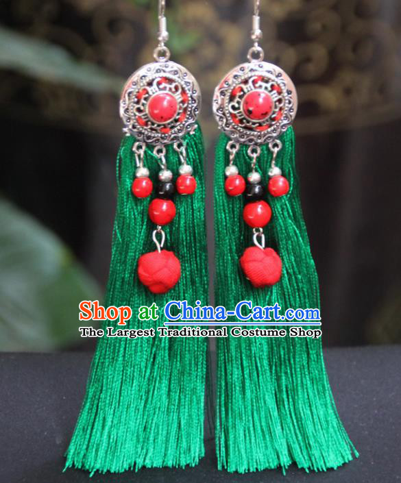 Chinese Traditional Ethnic Earrings National Green Tassel Ear Accessories for Women