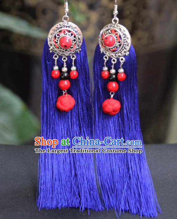 Chinese Traditional Ethnic Earrings National Royalblue Tassel Ear Accessories for Women