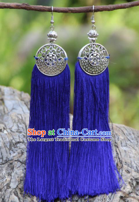 Chinese Traditional Ethnic Bride Earrings National Royalblue Tassel Ear Accessories for Women