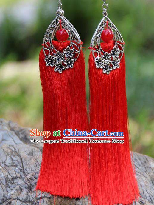 Chinese Traditional National Ethnic Bride Earrings Red Tassel Ear Accessories for Women