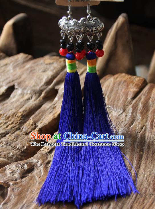 Chinese Traditional Ethnic Royalblue Tassel Longevity Lock Earrings National Ear Accessories for Women