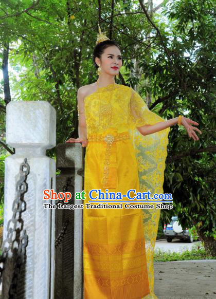 Asian Traditional Thailand Costumes National Handmade Embroidered Yellow Dress for Women