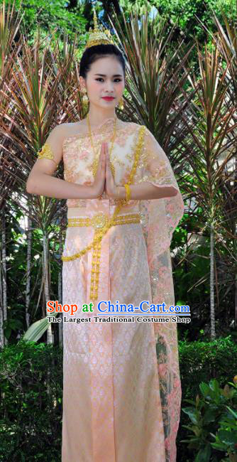 Asian Traditional Thailand Costumes National Handmade Embroidered Pink Dress for Women