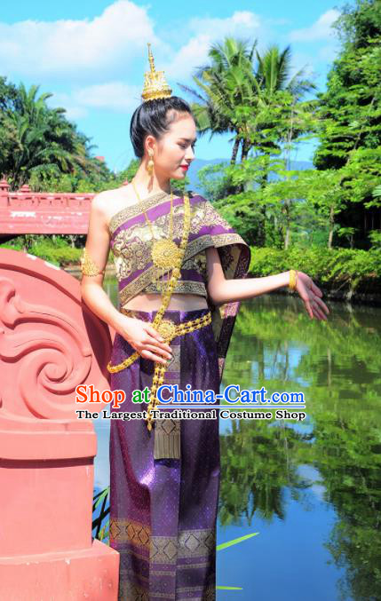 Asian Traditional Thailand Costumes National Handmade Embroidered Purple Dress for Women