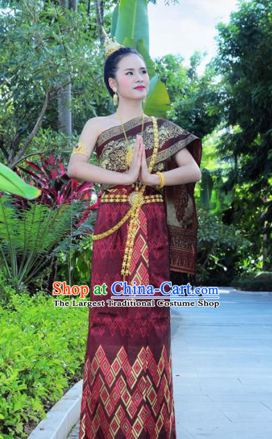 Asian Traditional Thailand Costumes National Handmade Embroidered Wine Red Dress for Women