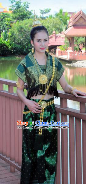 Asian Traditional Thailand Costumes National Handmade Embroidered Deep Green Dress for Women