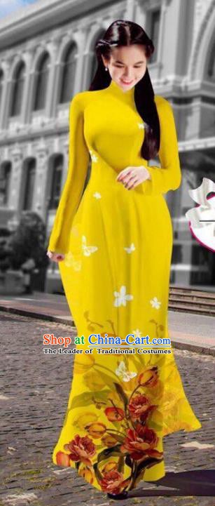 Asian Vietnam Costume Vietnamese Trational Dress Printing Yellow Ao Dai Cheongsam Clothing for Women