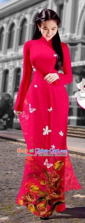 Asian Vietnam Costume Vietnamese Trational Dress Printing Rosy Ao Dai Cheongsam Clothing for Women