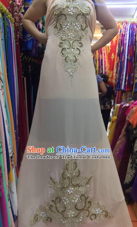 Asian Vietnam Costume Vietnamese Trational Dress Champagne Embroidered Ao Dai Cheongsam Clothing for Women