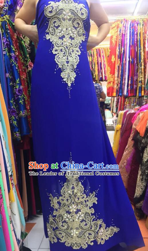 Asian Vietnam Costume Vietnamese Trational Dress Royalblue Embroidered Ao Dai Cheongsam Clothing for Women