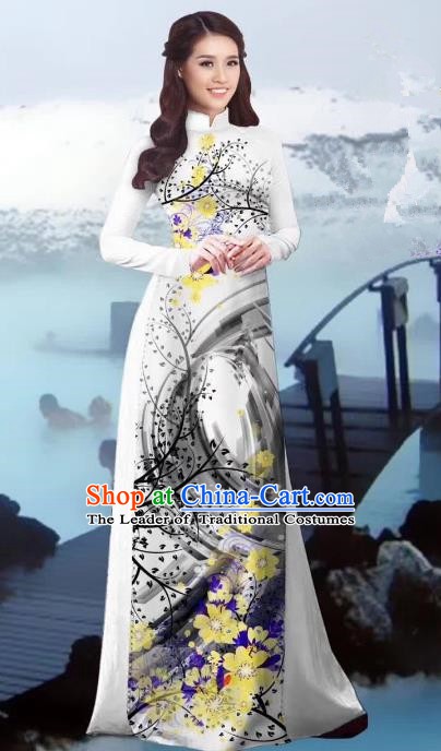 Asian Vietnam Costume Vietnamese Trational Dress Printing White Ao Dai Cheongsam Clothing for Women