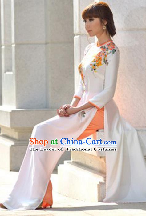 Asian Vietnam Costume Vietnamese Trational Dress Printing Flowers White Ao Dai Cheongsam Clothing for Women