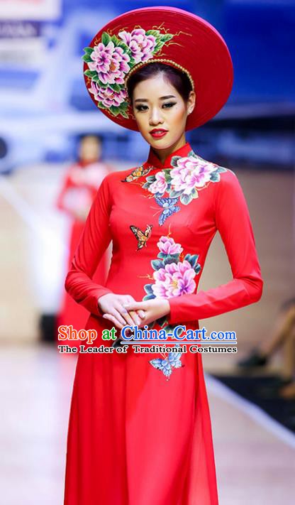 Asian Vietnam Wedding Costume Vietnamese Trational Dress Printing Peony Red Ao Dai Cheongsam Clothing for Women