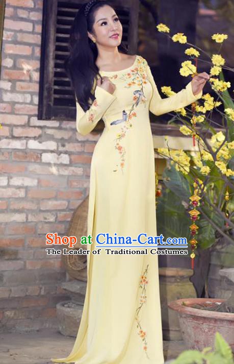 Asian Vietnam Wedding Costume Vietnamese Trational Dress Printing Yellow Ao Dai Cheongsam Clothing for Women