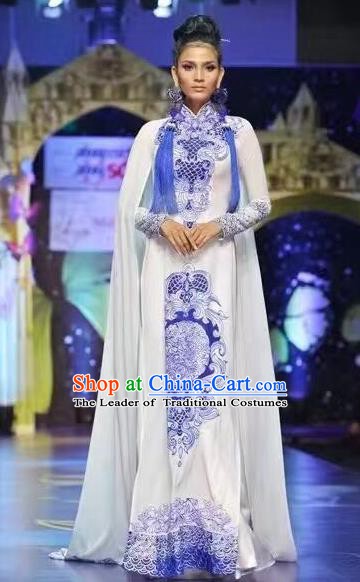 Asian Vietnam Palace Costume Vietnamese Trational Dress White Ao Dai Cheongsam Clothing for Women