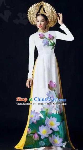 Asian Vietnam Palace Costume Vietnamese Trational Dress Painting Lotus White Ao Dai Cheongsam Clothing for Women