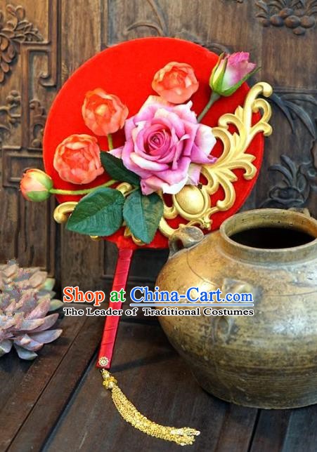 Chinese Handmade Classical Stage Performance Red Fans Ancient Palace Lady Wedding Round Fans for Women