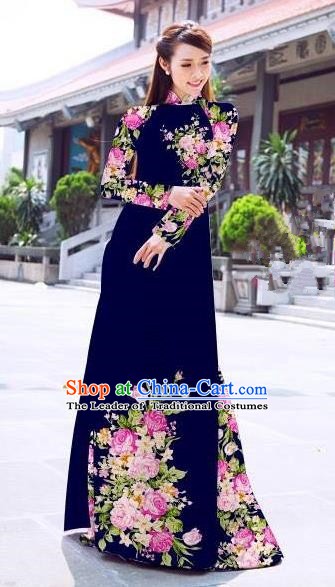 Asian Vietnam Palace Costume Vietnamese Trational Dress Printing Rose Royalblue Ao Dai Cheongsam Clothing for Women