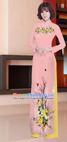 Asian Vietnam National Costume Vietnamese Trational Dress Printing Light Pink Ao Dai Cheongsam for Women