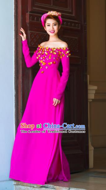 Asian Vietnam National Costume Vietnamese Bride Trational Dress Rosy Ao Dai Cheongsam for Women