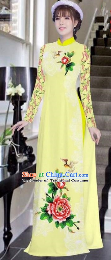 Asian Vietnam National Costume Vietnamese Bride Trational Dress Printing Peony Light Yellow Ao Dai Cheongsam for Women