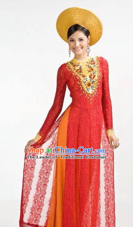 Asian Vietnam Costume Vietnamese Bride Trational Red Ao Dai Cheongsam Dress and Hats for Women