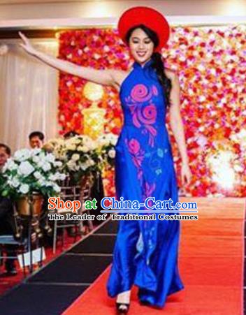 Asian Vietnam Costume Vietnamese Bride Trational Stage Performance Royalblue Ao Dai Cheongsam Dress for Women