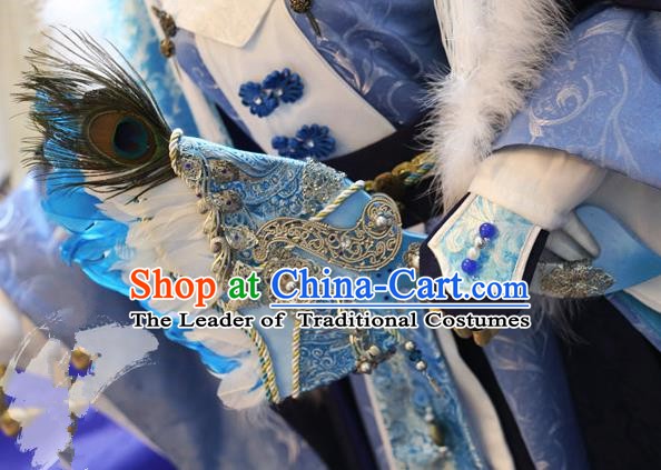 China Ancient Tang Dynasty Cosplay Swordsman Feather Blue Fans