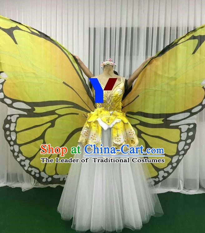 Professional Modern Dance Stage Performance Dress Halloween Costume and Yellow Butterfly Wings for Women