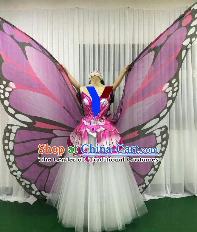 Professional Modern Dance Stage Performance Dress Halloween Costume and Lilac Butterfly Wings for Women