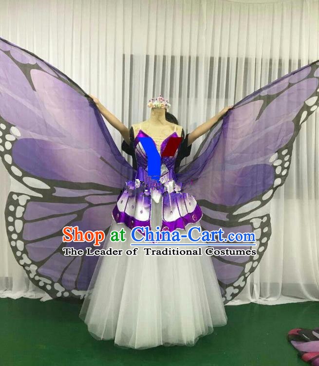 Professional Modern Dance Stage Performance Dress Halloween Costume and Purple Butterfly Wings for Women