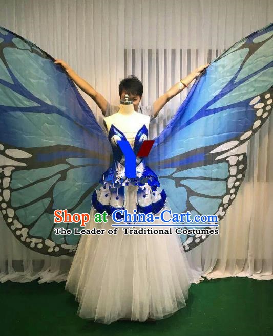 Professional Modern Dance Stage Performance Dress Halloween Costume and Blue Butterfly Wings for Women