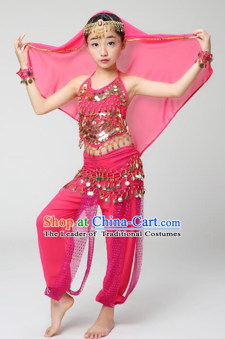 Traditional India Dance Pink Costume, Asian Indian Belly Dance Paillette Clothing for Kids