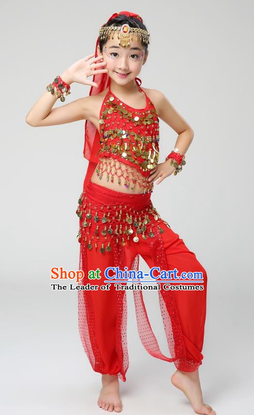 Traditional India Dance Red Costume, Asian Indian Belly Dance Paillette Clothing for Kids