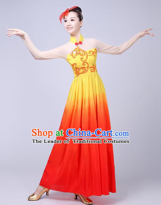 Traditional Chinese Yangge Fan Dance Costume, Folk Yangko Dance Classical Lotus Dance Orange Dress for Women