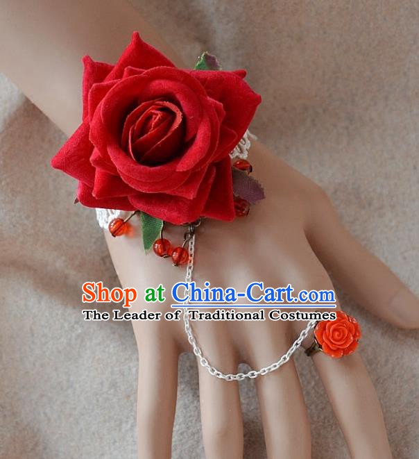 European Western Bride Wrist Flowers Vintage Renaissance Red Rose Bracelet with Ring for Women