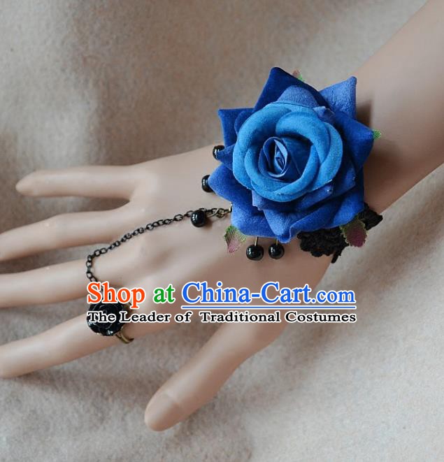 European Western Bride Wrist Flowers Vintage Renaissance Blue Rose Bracelet with Ring for Women