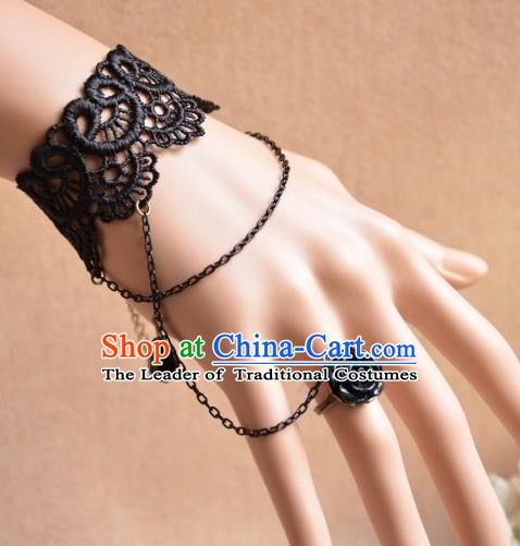 European Western Bride Wrist Accessories Vintage Renaissance Black Lace Gothic Bracelet with Ring for Women