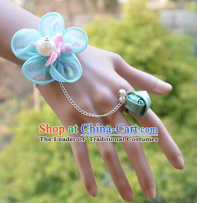 European Western Bride Wrist Accessories Vintage Renaissance Blue Flower Gothic Bracelet with Ring for Women