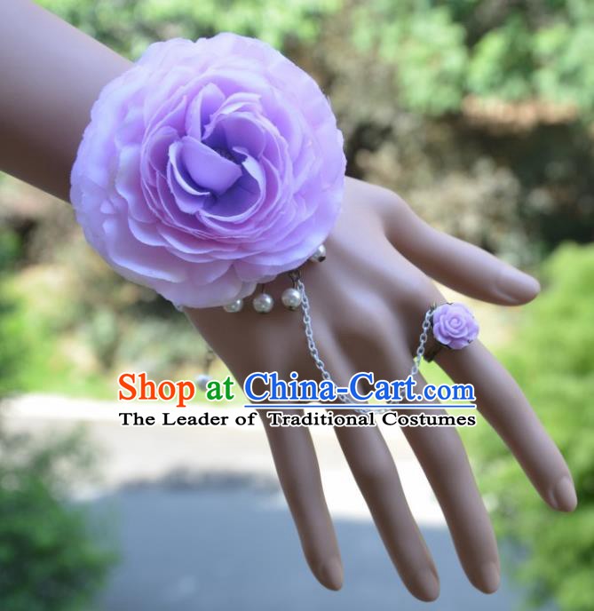 European Western Bride Wrist Accessories Vintage Renaissance Purple Peony Bracelet with Ring for Women