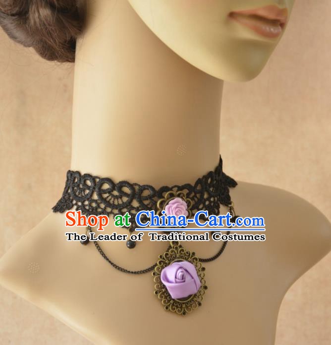 European Western Vintage Necklet Accessories Renaissance Bride Purple Rose Lace Necklace for Women