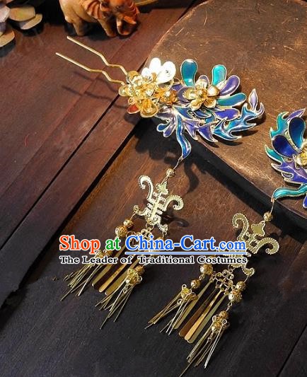 Chinese Handmade Classical Wedding Blueing Tassel Hairpins Ancient Hanfu Hair Clip Hair Accessories for Women