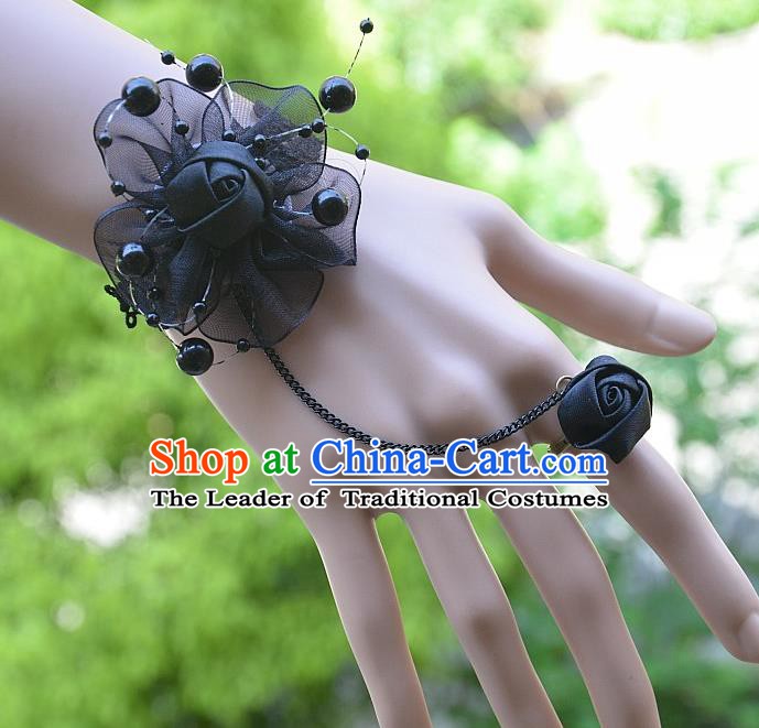 European Western Bride Vintage Jewelry Accessories Renaissance Black Flower Bracelet with Ring for Women